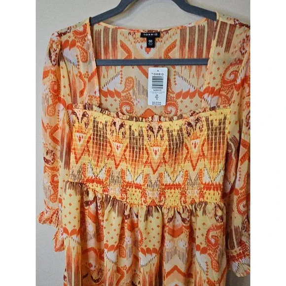 Torrid Top 00 M/L Ikat Babydoll Smocked Boho Ruffle Western Patchwork Earthy - Picture 3 of 16